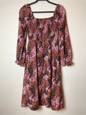 Lily Rose Pink & Black Floral Smocked Midi Dress | Puff Sleeve | Size Small